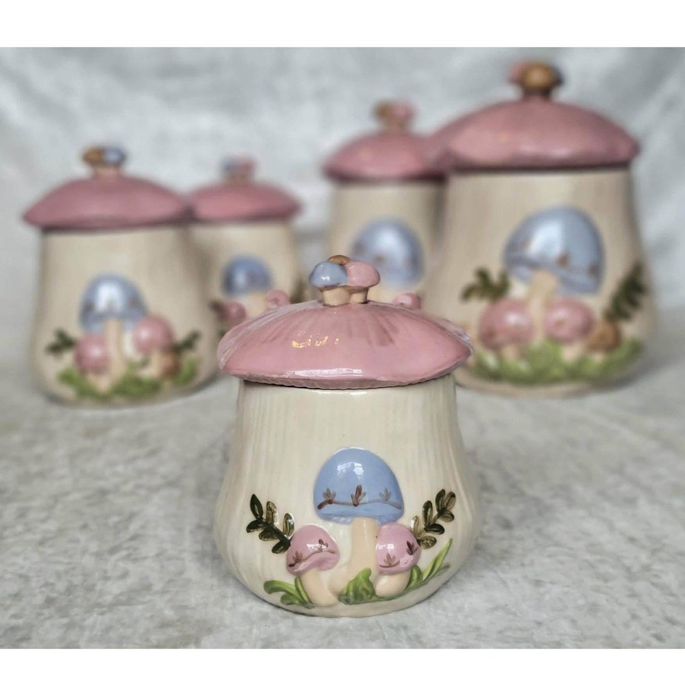 Vtg Arnels Pink Mushroom Canister Set 5 Pc 1994 Ceramic Cottagecore Retro 70s